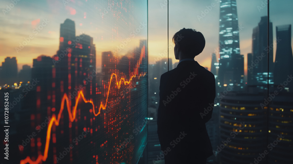 Abstract business man stands on the peak of success amid tall, innovative Smart city and graphs with statistics to analyze business potential and predict future developments in company growth. Abstract business man stands on the peak of success amid tall, innovative Smart city and graphs with statistics to analyze business potential and predict future developments in company growth.