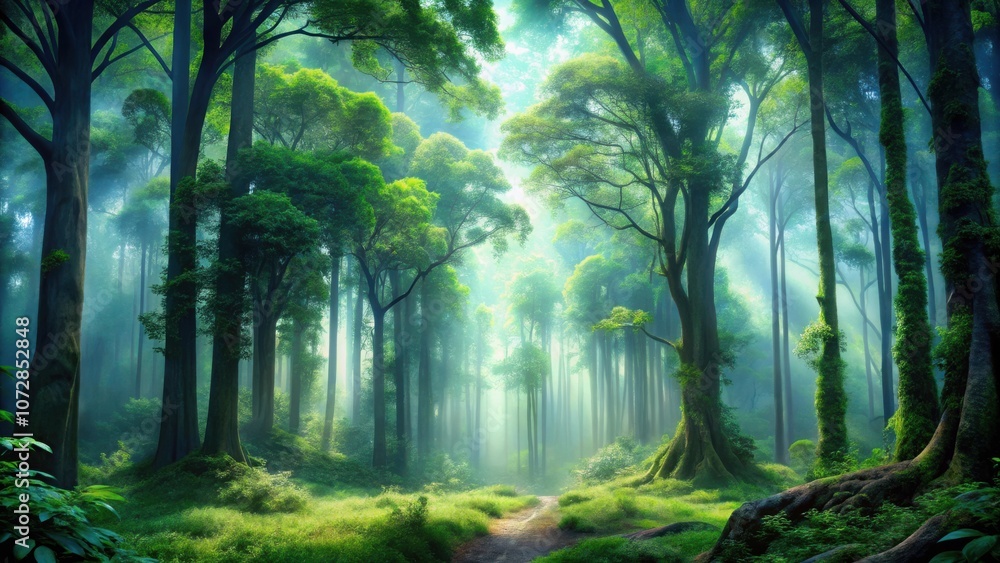 A pathway through an ethereal forest, bathed in sunlight filtering through the dense canopy, creating an otherworldly atmosphere. A pathway through an ethereal forest, bathed in sunlight filtering through the dense canopy, creating an otherworldly atmosphere.