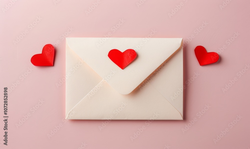 Envelope with hearts on light pink background, concept for Valentine's day holiday Envelope with hearts on light pink background, concept for Valentine's day holiday