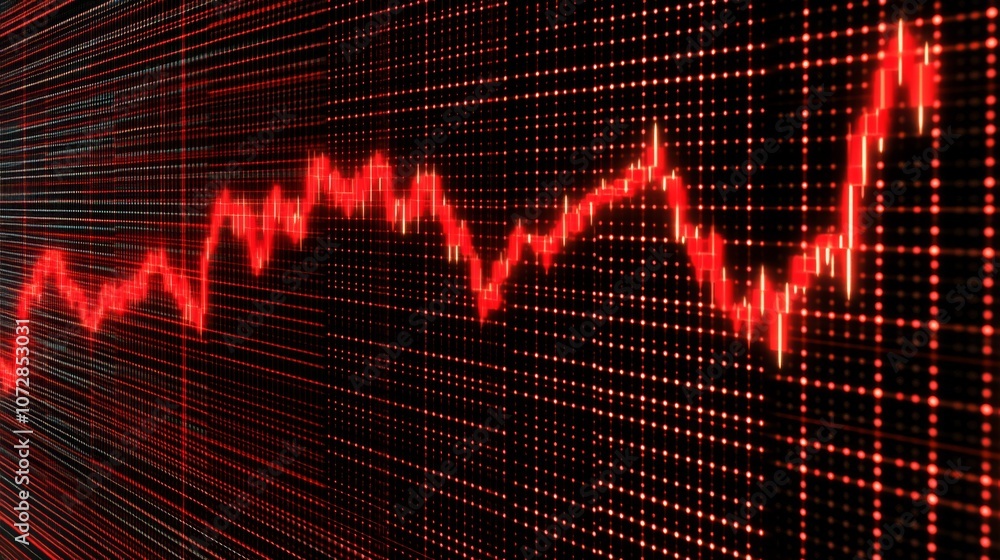 Close-up view of a digital screen showing a chart of a falling stock market. with a red arrow and reduced prices It represents the collapse of the stock market or loss of investment. Close-up view of a digital screen showing a chart of a falling stock market. with a red arrow and reduced prices It represents the collapse of the stock market or loss of investment.