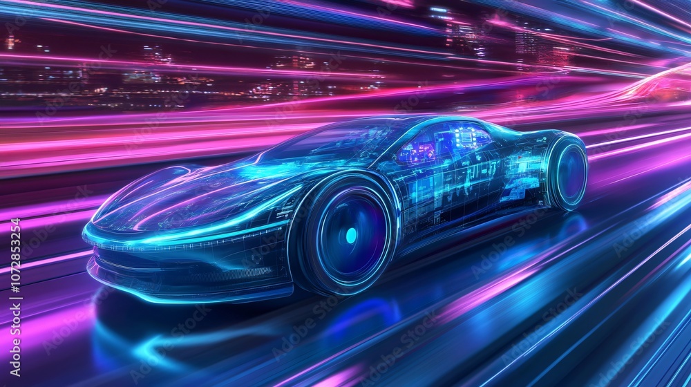 Futuristic Sports Car with Neon Lights Speeding Through City Futuristic Sports Car with Neon Lights Speeding Through City