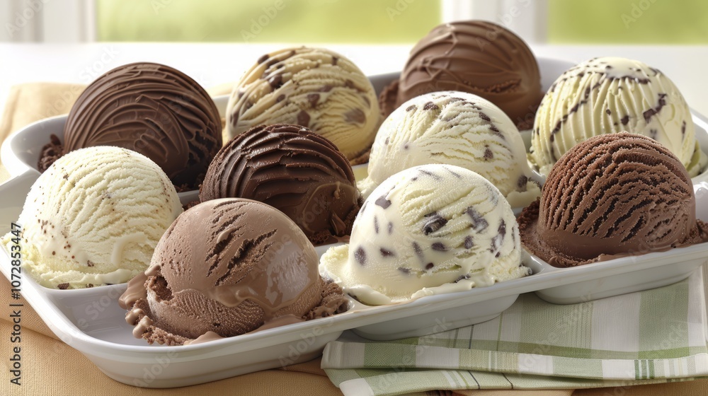 Fototapeta premium Assortment of chocolate, vanilla, and chocolate chip ice cream scoops in a white tray on a checkered cloth.