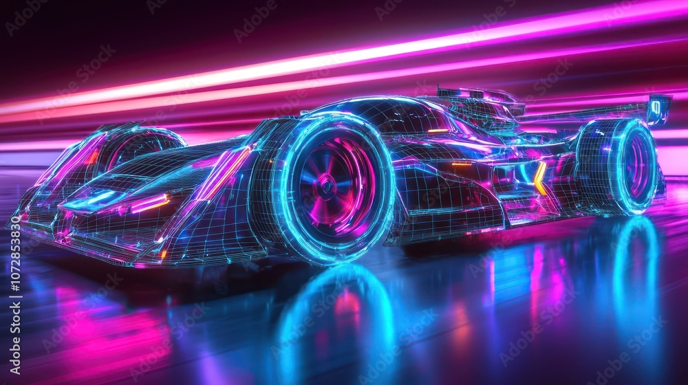 Wireframe race car highlighted with neon and reflective surfaces.