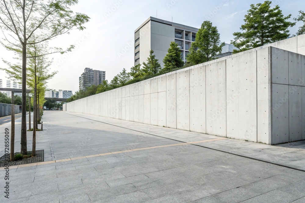 Modern minimalist urban landscape with a white concrete wall as the primary background feature, geometric shape, design element, structure, simple style Modern minimalist urban landscape with a white concrete wall as the primary background feature, geometric shape, design element, structure, simple style
