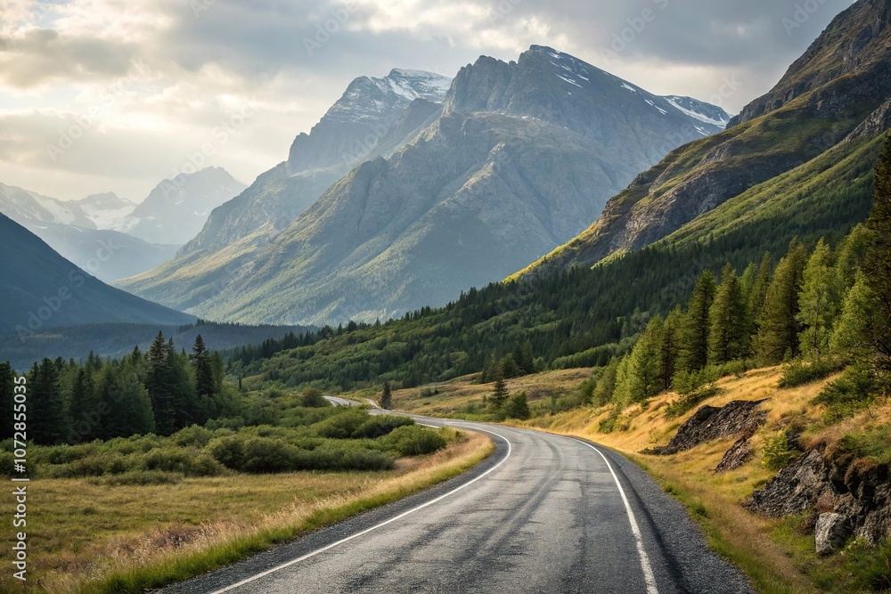 Mountainous landscape with empty asphalt road, scenic drive, emptiness, vastness, serenity Mountainous landscape with empty asphalt road, scenic drive, emptiness, vastness, serenity