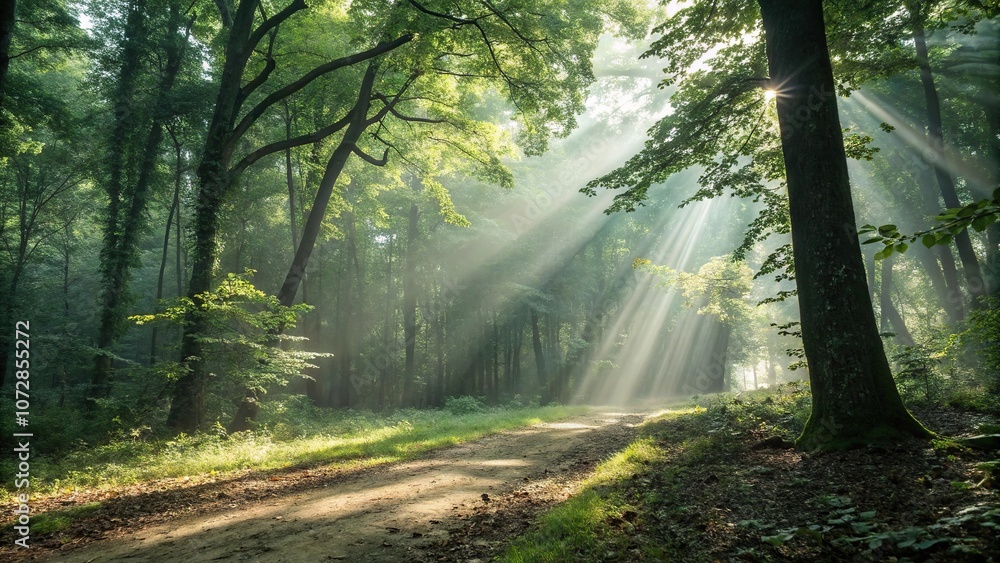 Fototapeta premium Rays of Sunlight Filtering Through Leaves, dappled shade, leaves, greenery, foliage, nature's beauty