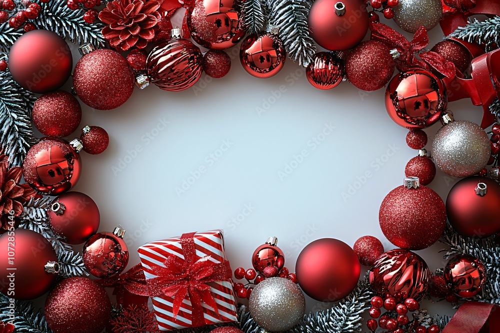A vibrant winter-themed frame surrounded by festive red and silver baubles and striped presents, ideal for holiday greeting cards, Christmas promotions, and seasonal decorations. A vibrant winter-themed frame surrounded by festive red and silver baubles and striped presents, ideal for holiday greeting cards, Christmas promotions, and seasonal decorations.