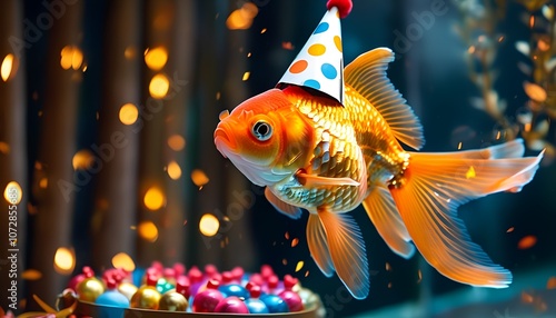 A goldfish celebrates its birthday in style with a colorful party hat and festive decorations