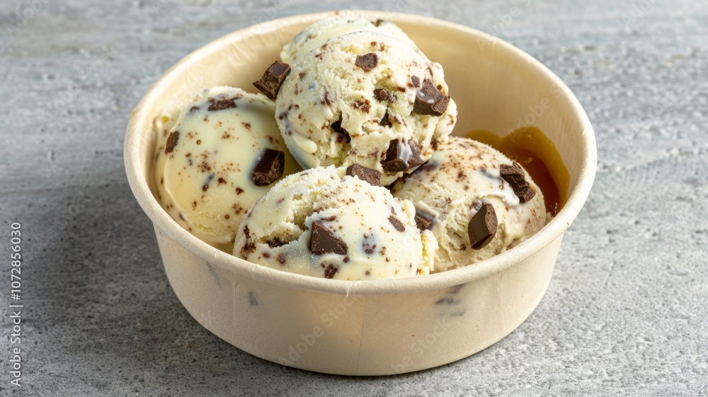Close-up of a bowl of vanilla ice cream with chocolate chunks. Close-up of a bowl of vanilla ice cream with chocolate chunks.