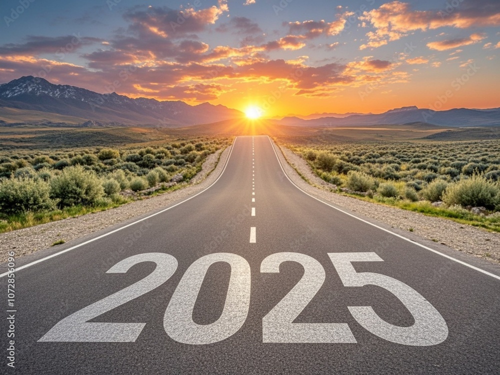 New year 2025 or straight forward concept. Text 2025 written on the road in the middle of asphalt road with at sunset. Concept of planning, goal, challenge, new year resolution.