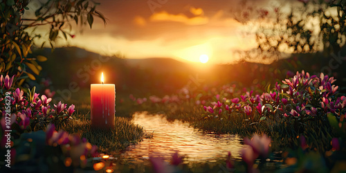 A serene sunset scene featuring a glowing candle beside a tranquil stream, surrounded by vibrant flowers, evoking peace and natural beauty.