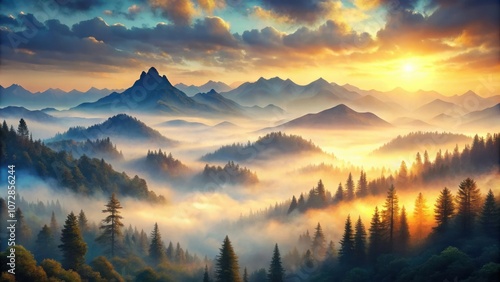 A golden sunrise illuminates a misty mountain valley, casting long shadows across the forested slopes