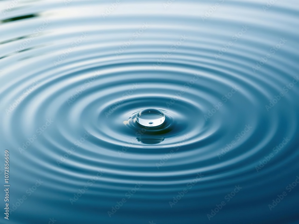A delicate droplet of clear water floats on a bed of gentle circular ripples in a calm body of water, calming atmosphere, water movement, serene lake A delicate droplet of clear water floats on a bed of gentle circular ripples in a calm body of water, calming atmosphere, water movement, serene lake