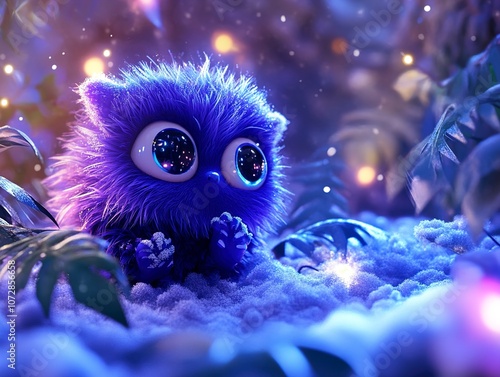 Cute Blue Furry Creature in a Winter Wonderland