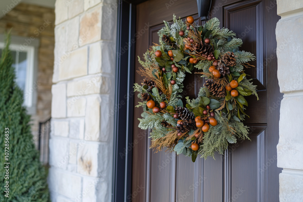 Naklejka premium wreath of red and green leaves and berries hangs on a black door. The wreath is a festive decoration for the holiday season