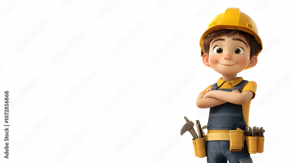 A smiling cartoon boy wearing a yellow hard hat and blue overalls stands with his arms crossed and tool belt on a white background. A smiling cartoon boy wearing a yellow hard hat and blue overalls stands with his arms crossed and tool belt on a white background.