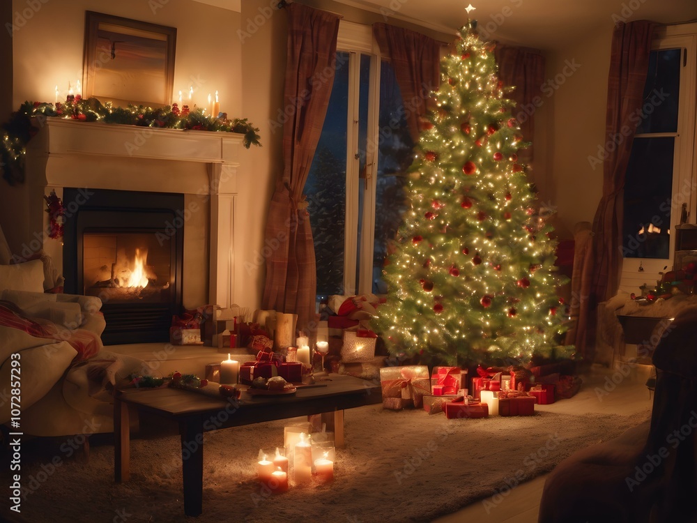 Cozy Christmas living room with a roaring fireplace, soft blankets, and twinkling lights on a decorated Christmas tree. Cozy Christmas living room with a roaring fireplace, soft blankets, and twinkling lights on a decorated Christmas tree.