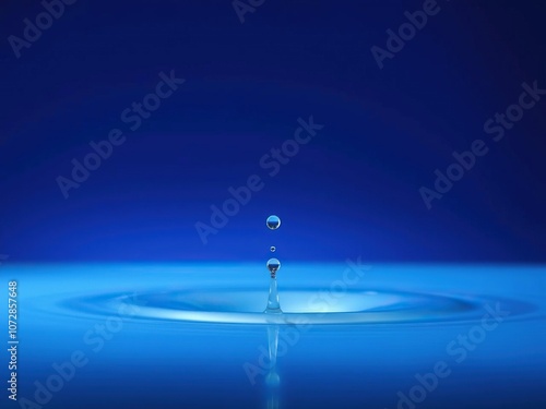 A water drop clings to a smooth surface on an expansive blue backdrop, refraction, stickiness photo