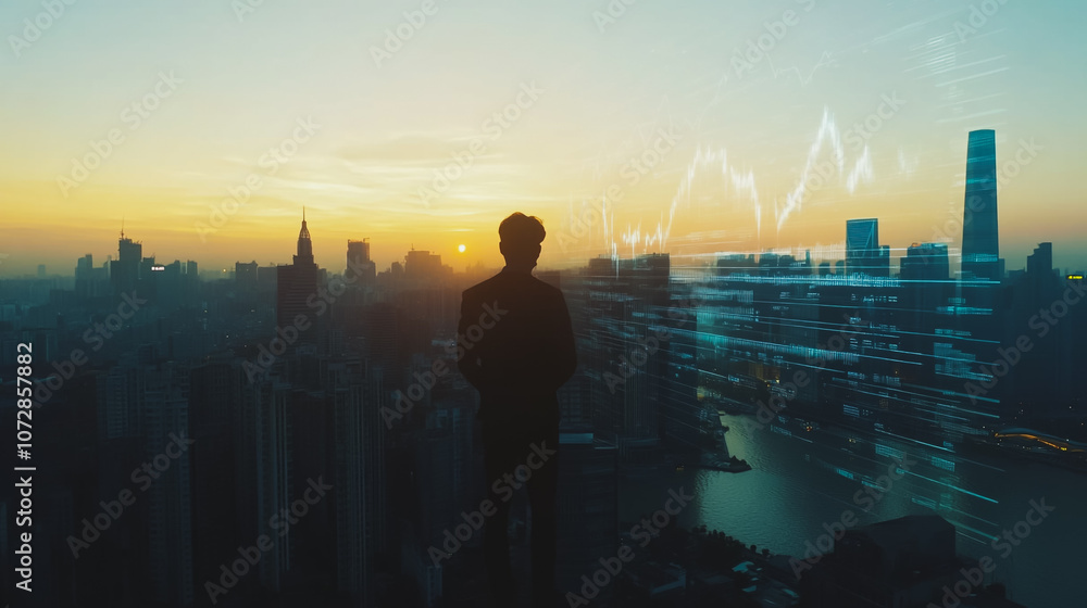 Abstract business man stands on the peak of success amid tall, innovative Smart city and graphs with statistics to analyze business potential and predict future developments in company growth. Abstract business man stands on the peak of success amid tall, innovative Smart city and graphs with statistics to analyze business potential and predict future developments in company growth.