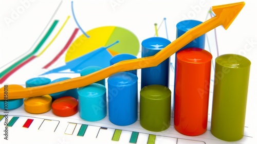 Wallpaper Mural Colorful 3D bar graph with orange upward arrow showing growth against a background of pie and line charts. Torontodigital.ca