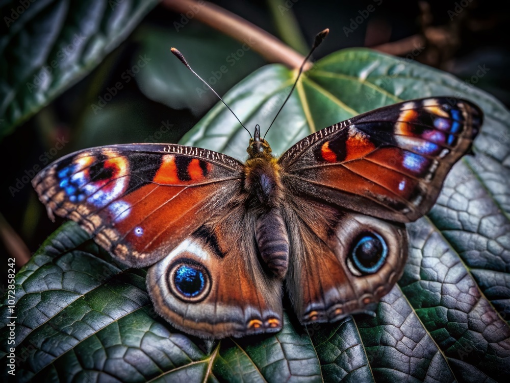 Stunning Close-Up of Inachis Io Butterfly on Vibrant Green Leaf, Capturing Intricate Patterns and Rich Colors in Macro Photography for Nature Enthusiasts and Photographers Stunning Close-Up of Inachis Io Butterfly on Vibrant Green Leaf, Capturing Intricate Patterns and Rich Colors in Macro Photography for Nature Enthusiasts and Photographers