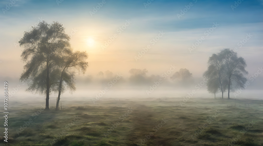 Naklejka premium “Foggy Morning Scene with Dense Mist” – A Mysterious Landscape Depicting a Foggy Morning with Dense Mist on a Plain Background