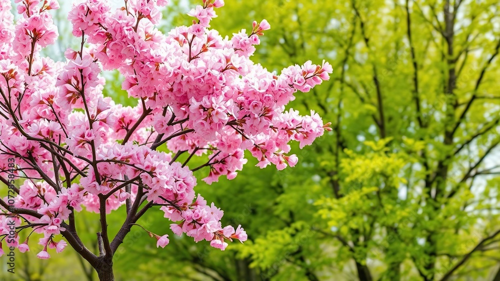 Beautiful spring nature scene featuring a pink blooming tree in full bloom, sunny, bright, peaceful Beautiful spring nature scene featuring a pink blooming tree in full bloom, sunny, bright, peaceful