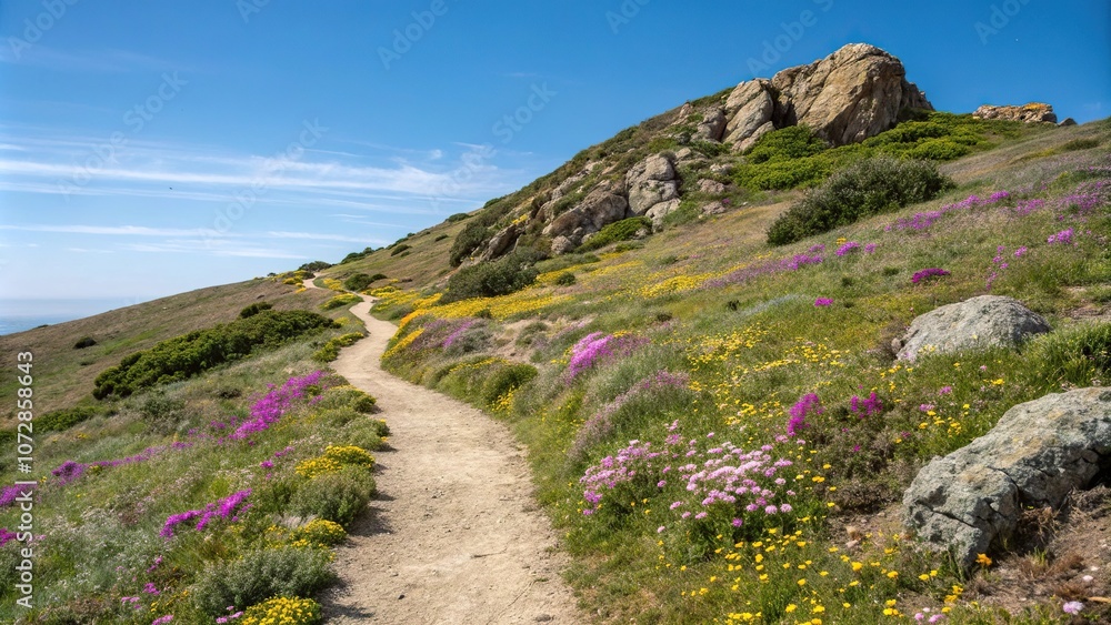 A colorful array of wildflowers blooming on a rocky hillside with a bright blue sky and a winding dirt path leading to the top, outdoors, nature, nature, blooms, dirt path A colorful array of wildflowers blooming on a rocky hillside with a bright blue sky and a winding dirt path leading to the top, outdoors, nature, nature, blooms, dirt path
