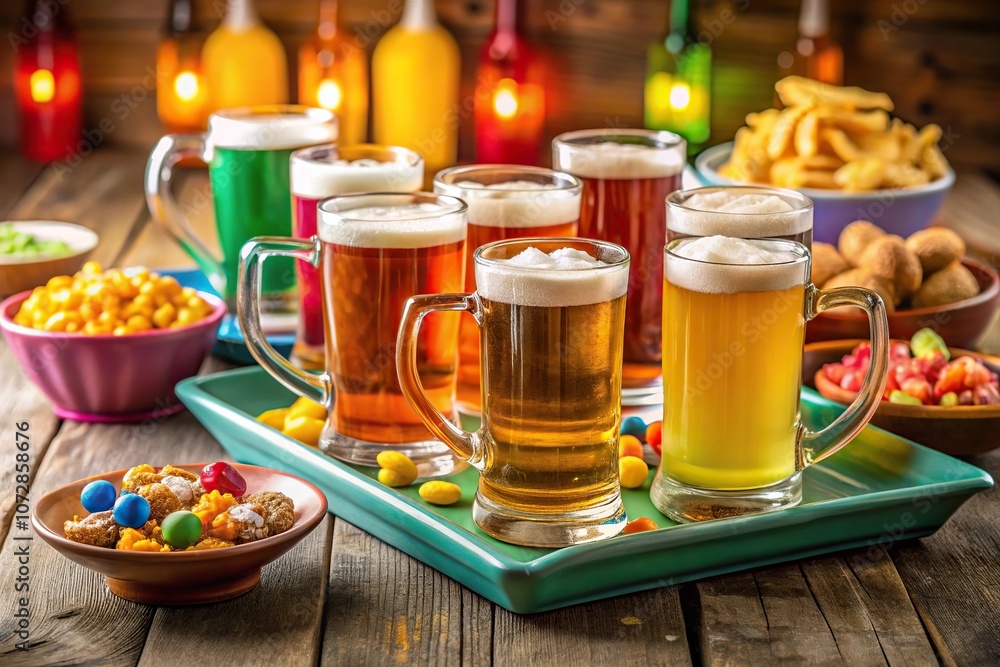 A colorful set of ceramic beer mugs stacked on a tray with various colored snacks and drinks arranged around them for a fun party scene, ceramics, colors, table setting, drinkware A colorful set of ceramic beer mugs stacked on a tray with various colored snacks and drinks arranged around them for a fun party scene, ceramics, colors, table setting, drinkware