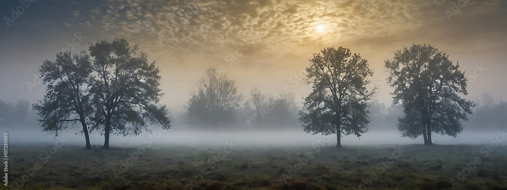 “Foggy Morning Scene with Dense Mist” – A Mysterious Landscape Depicting a Foggy Morning with Dense Mist on a Plain Background
