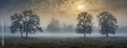 “Foggy Morning Scene with Dense Mist” – A Mysterious Landscape Depicting a Foggy Morning with Dense Mist on a Plain Background