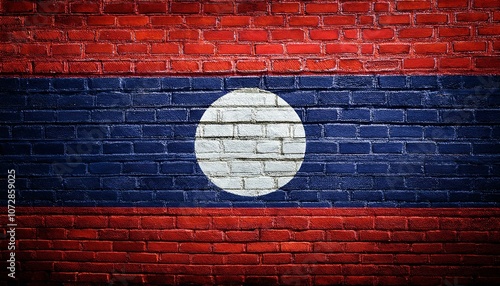 ラオスの国旗がペイントされたレンガの壁。(Brick wall painted with the Lao People's Democratic Republic flag.)
 photo