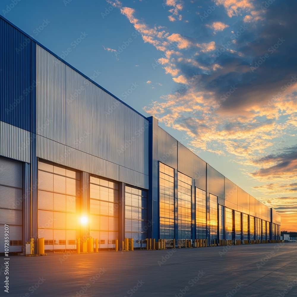 Modern logistics warehouse building structure. Big modern building for storage or logistics centre. Blue sky in the background. Modern logistics warehouse building structure. Big modern building for storage or logistics centre. Blue sky in the background.