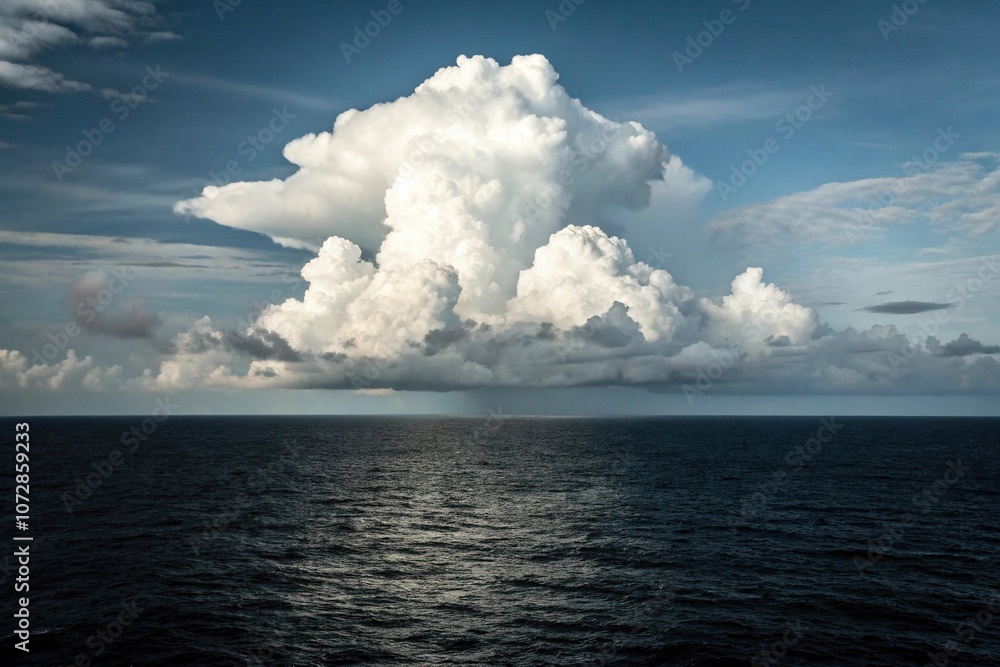 A majestic white cloud rises high above a vast expanse of black ocean, expansive, ocean, airy, water