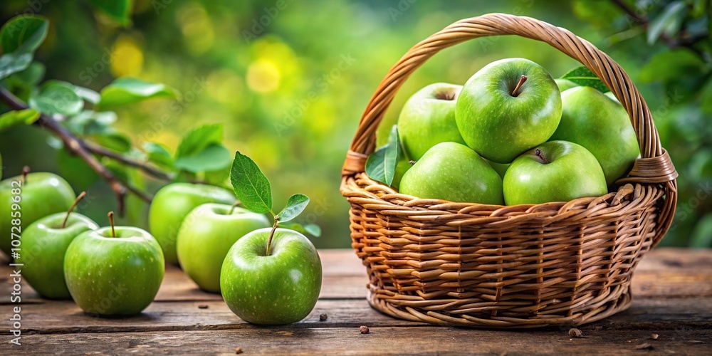 Freshly picked green apples arranged in a decorative basket, with some scattered around the background, giving an inviting and natural ambiance, fruit basket, harvest, fresh produce, green background Freshly picked green apples arranged in a decorative basket, with some scattered around the background, giving an inviting and natural ambiance, fruit basket, harvest, fresh produce, green background