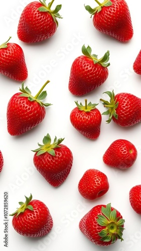 Fresh, perfectly ripe strawberries arranged neatly on a clean white background, vitamins, antioxidants