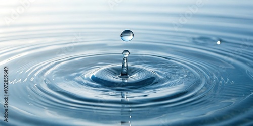 A serene clear water drop floating on the surface of a pond with gentle circular waves lapping at its edges, still life, nature