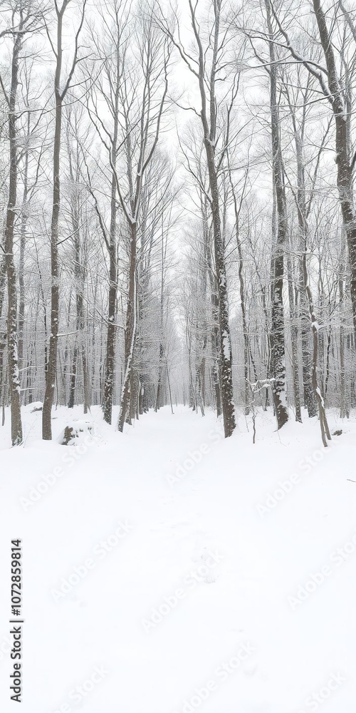 A serene winter forest blanketed in snow, with bare trees and a thick layer of white covering the ground, wilderness, outdoor, frosty A serene winter forest blanketed in snow, with bare trees and a thick layer of white covering the ground, wilderness, outdoor, frosty