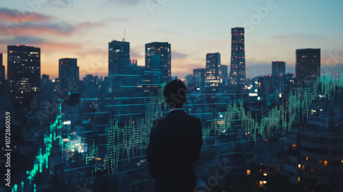 Abstract business man stands on the peak of success amid tall, innovative Smart city and graphs with statistics to analyze business potential and predict future developments in company growth.