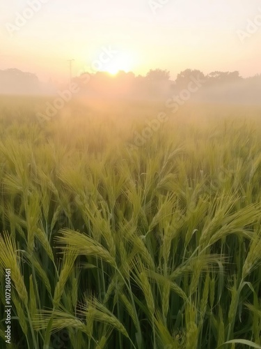 Misty morning sunrise over a lush green wheat field, nature, beauty