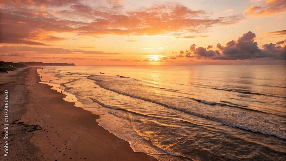 Obraz premium A warm golden light casts a serene glow on a tranquil ocean as the sun sets over a vast and idyllic beachscape, peaceful landscape, sandy beach, seagulls, tranquility