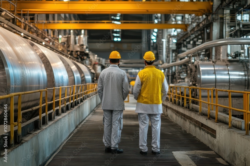 Two Industrial Workers in Yellow Hard Hats Walking Through a Factory Two Industrial Workers in Yellow Hard Hats Walking Through a Factory
