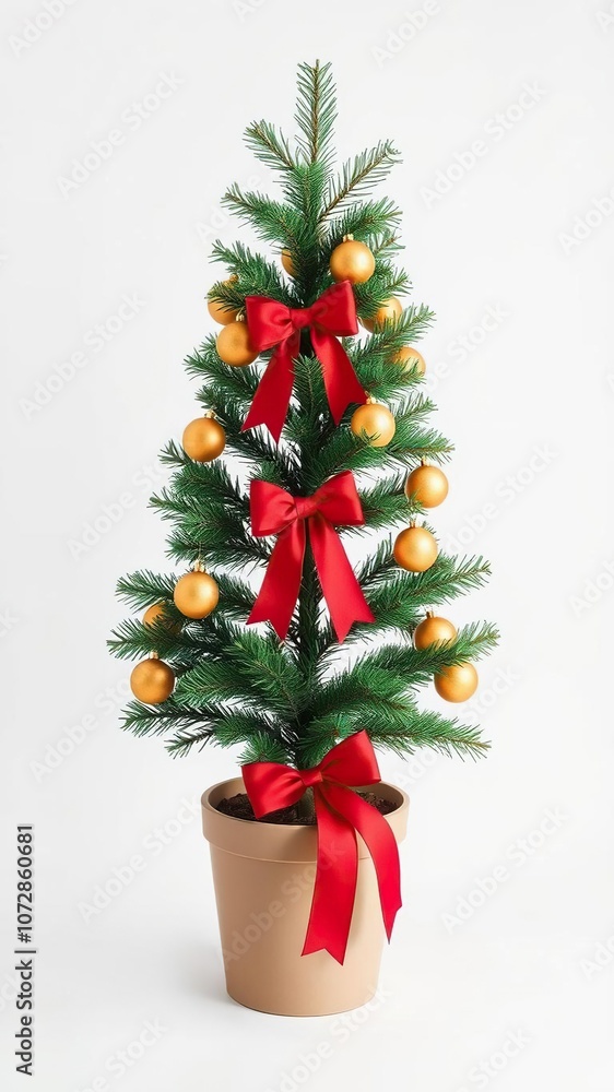 Potted Christmas tree with golden ornaments and red bow on white background, potted, white background, bow Potted Christmas tree with golden ornaments and red bow on white background, potted, white background, bow