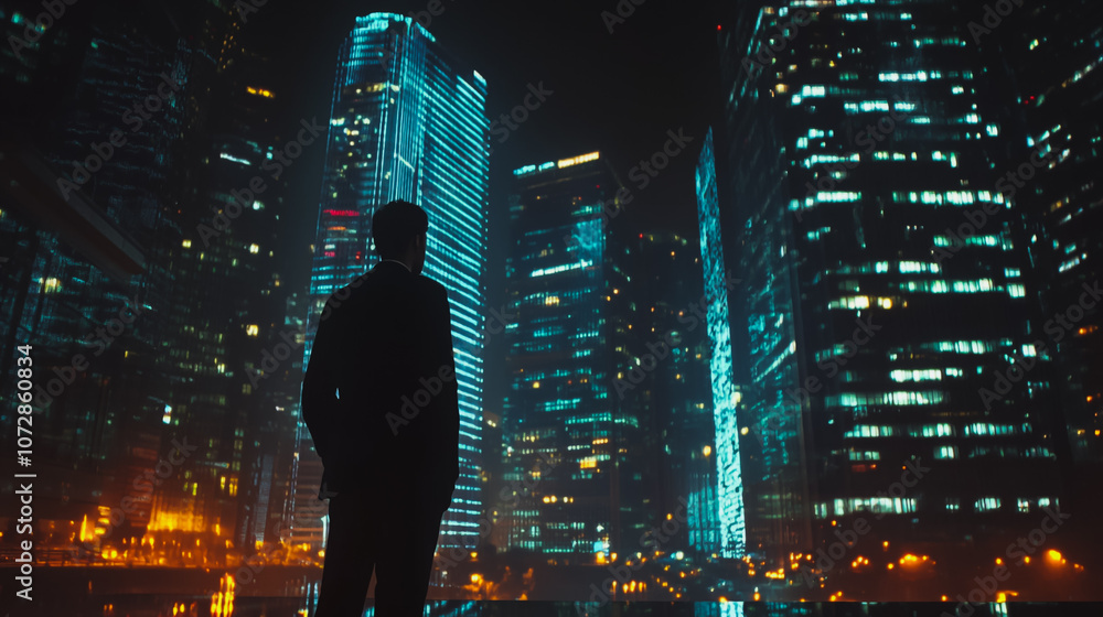 Abstract business man stands on the peak of success amid tall, innovative Smart city and graphs with statistics to analyze business potential and predict future developments in company growth. Abstract business man stands on the peak of success amid tall, innovative Smart city and graphs with statistics to analyze business potential and predict future developments in company growth.