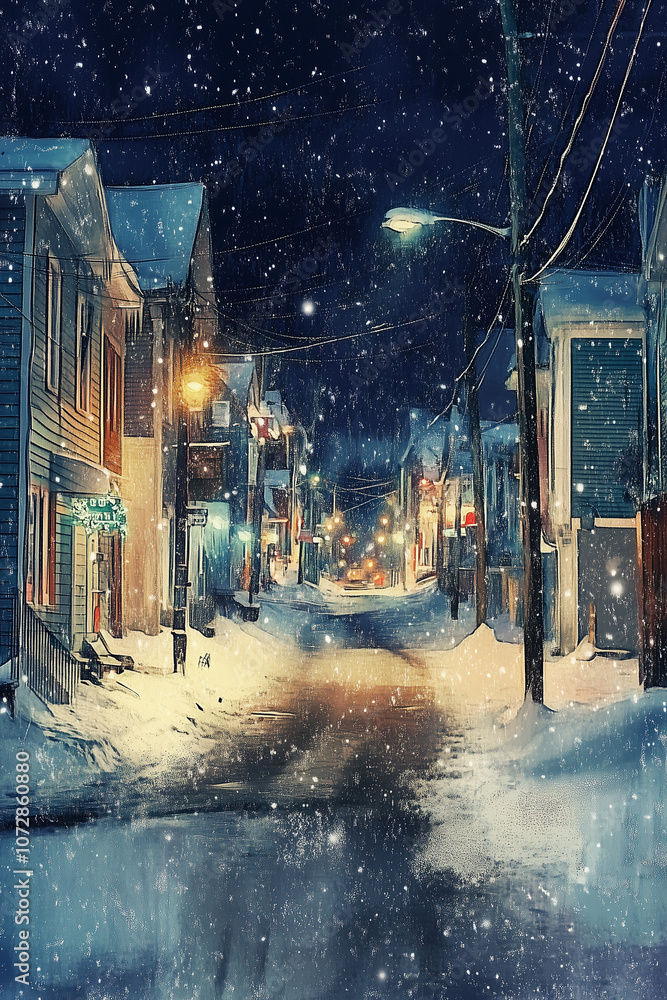 custom made wallpaper toronto digitalSnowy Christmas Night in Cozy Town City Panorama. Winter Landscape and Street View with Falling Snow