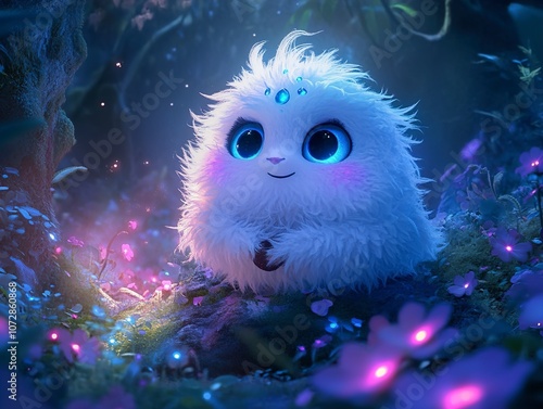 Cute White Furry Creature in a Magical Forest