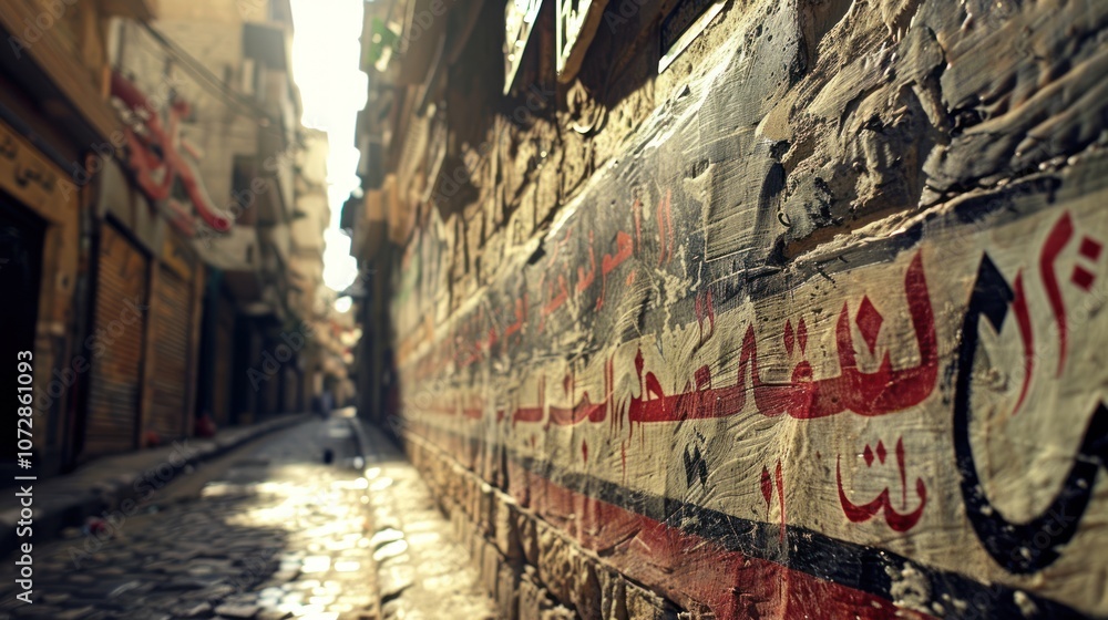 Fototapeta premium A close-up of an old brick wall in a narrow alleyway, covered in faded red and white Arabic script.