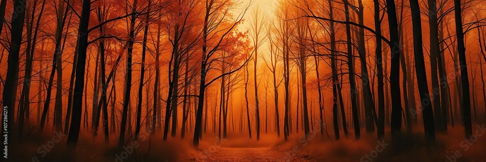Fototapeta premium Soft orange to deep black watercolour gradient evoking an atmosphere of a spooky and abandoned forest during autumn months, abandoned forest, dark