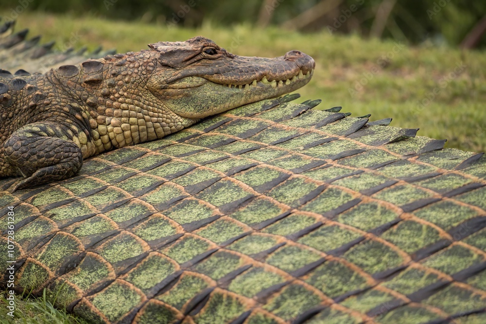 Obraz premium an alligator's skin is depicted in a seamless fabric with a mottled brown and green color scheme, prehistoric design, reptilian, scaly texture, herpetological, wildlife print