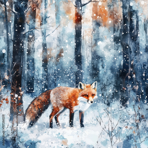 Watercolor Winter Landscape with Fox in Forest Among Tall Trees. Creative Outdoor Scene for Postcard photo